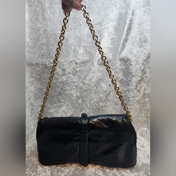 Henri Bendel Black Snake Leather Gold Chain Shoulder Clutch Bag - Picture 8 of 8